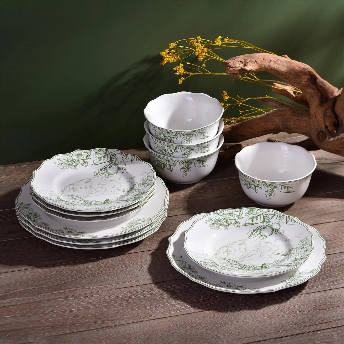 Hudson Valley 12-Piece Porcelain Dinnerware Set - Service for 4, Plate & Bowl Set, White with Green Floral and Fauna Traditional