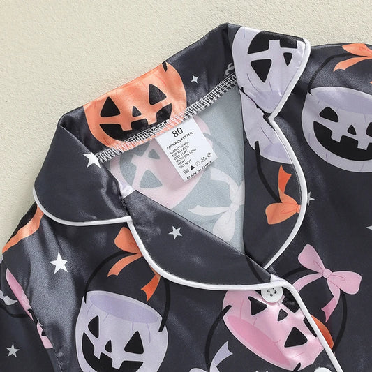 Women s Halloween Pajama Sets with Long Sleeve Lapel Pumpkin Bow Print Shirt and Pants for Cozy Sleepwear