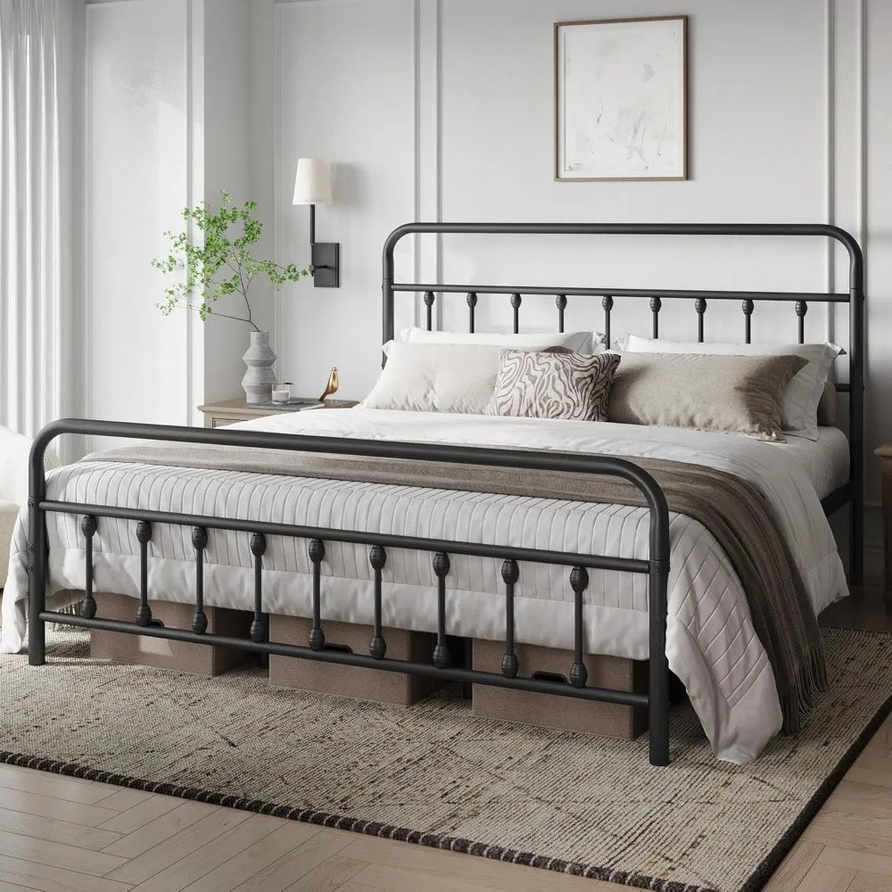 Classic Metal Platform Bed Frame Mattress Foundation with Victorian Style Iron-Art Headboard/Footboard/Under Bed Storage