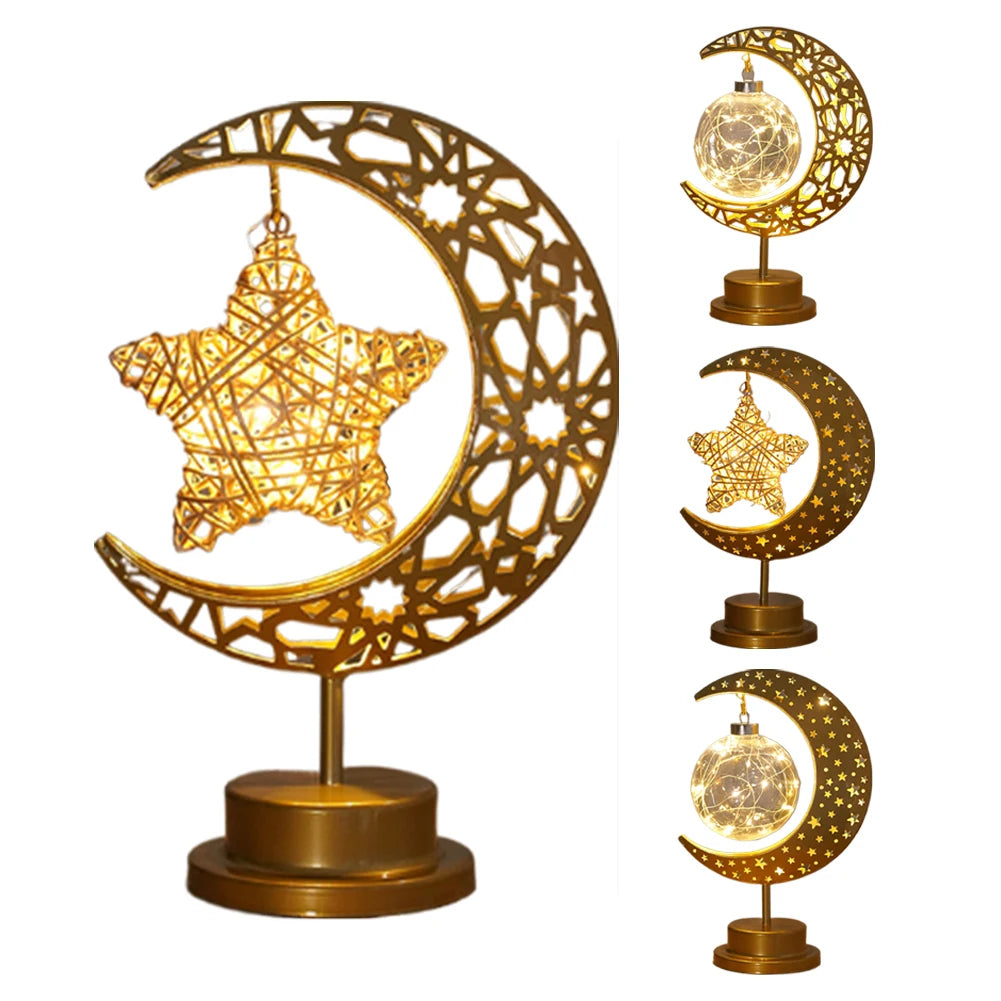 LED Night Light Metal LED Star Moon Light Battery Operated Star Table Lamp Office & Home Decor Eid Mubarak Star Moon Light