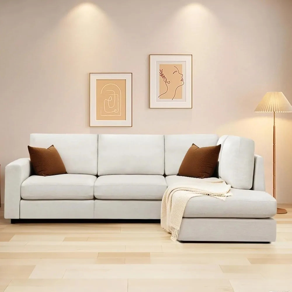 100" L Shaped Sectional Couch with Chaise, Modern Beige Sectional Couches for Living Room, Comfy Chenille 4-Seater Corner Sofa