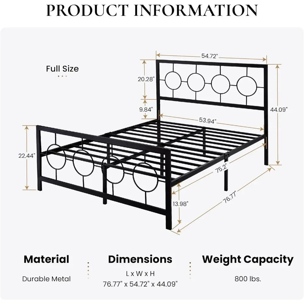 Full Size Bed Frame with Vintage Circular Design Headboard and Footboard, No Box Spring Required, Easy Assembly, Noise-Free