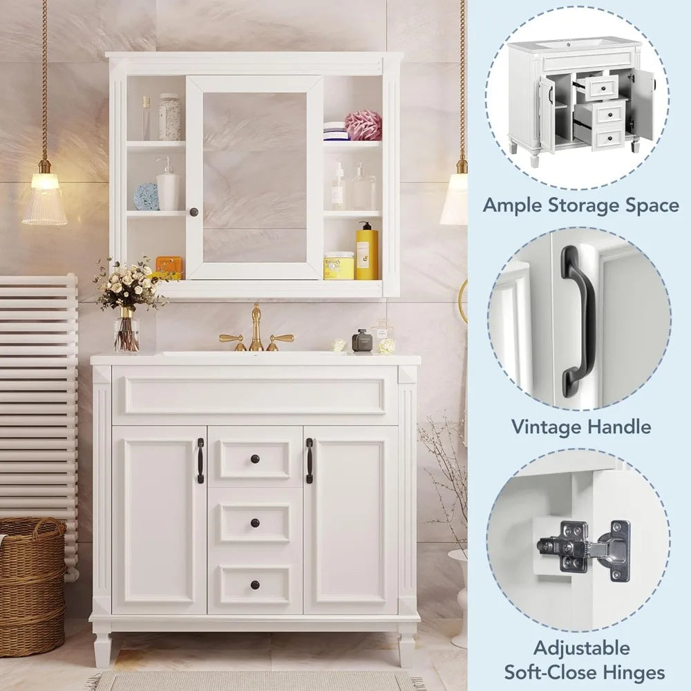 36'' Bathroom Vanity with Matching Medicine Cabinet and Ceramic Sink, Traditional Freestanding Bathroom Storage Cabinet