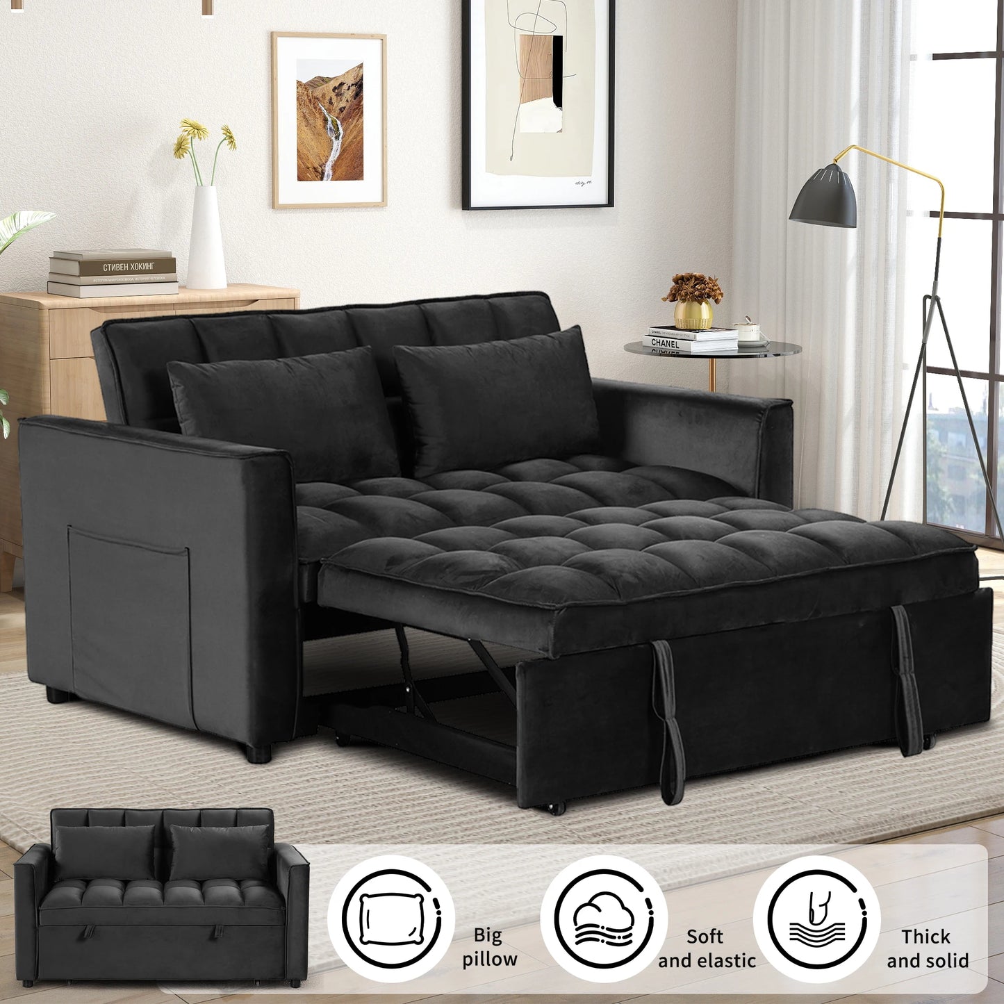 EBELLO 3-In-1 Multifunctional Modern Sofa Bed Comfortable Double Sofa With Pillows