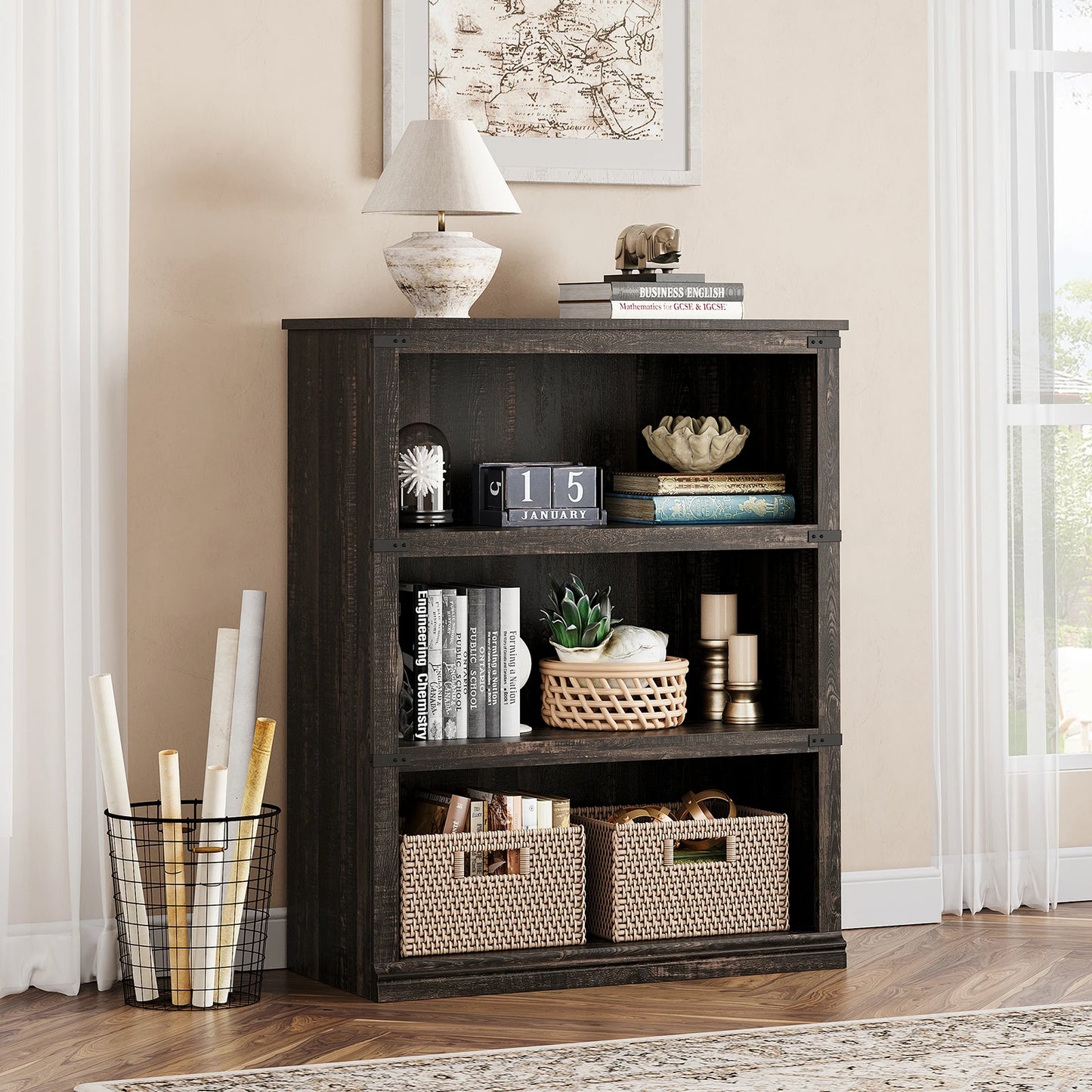 5 Tier Bookcase, Farmhouse Book 3-5 Shelf with Storage Open Display Bookshelves, Home Decor Furniture for Home Office, Bed Room