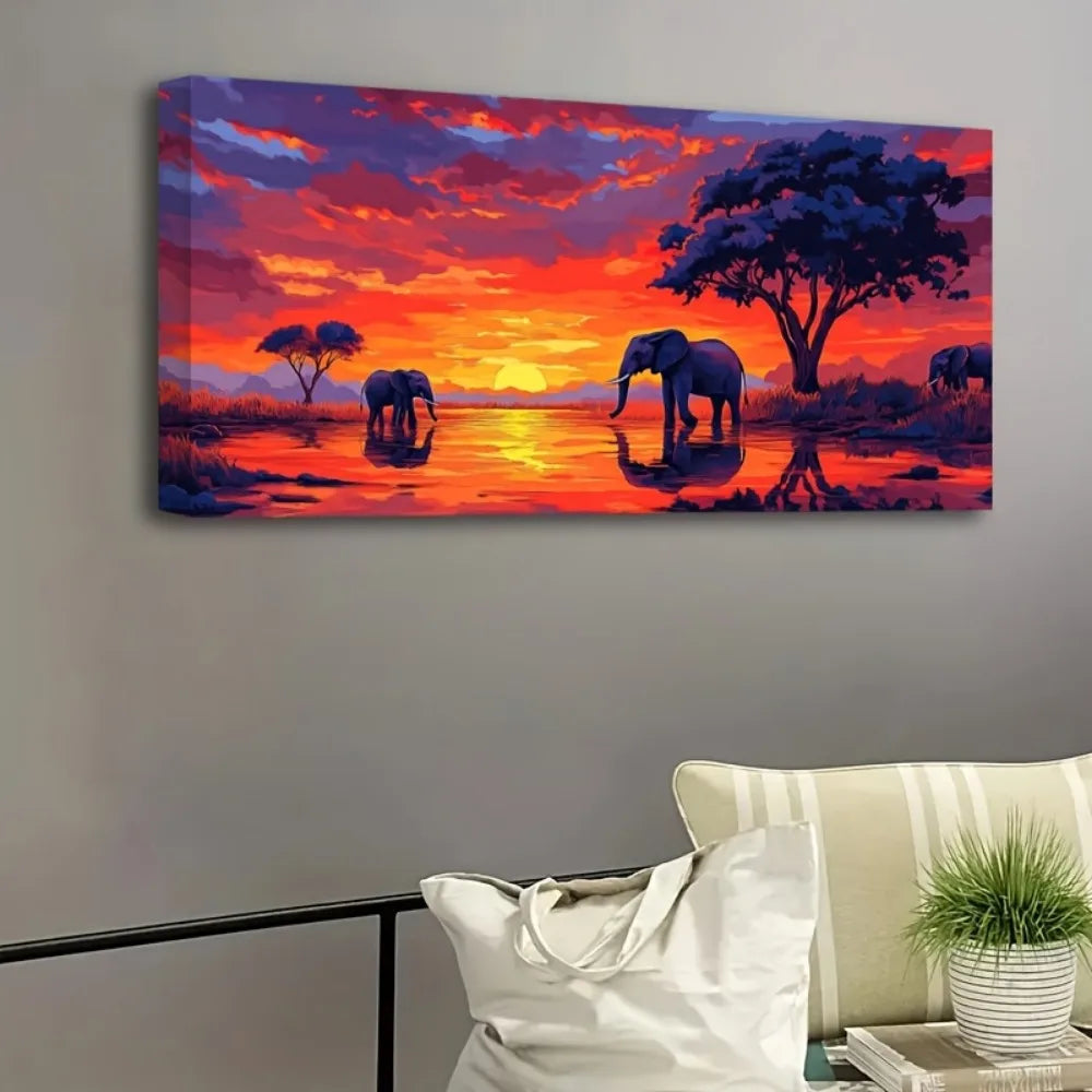 Framed African Sunset Elephant Canvas Art Wildlife Decor