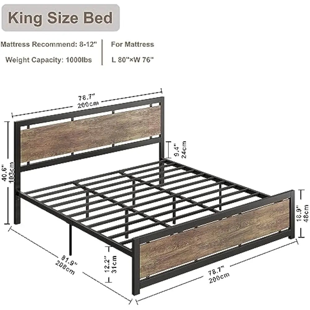 King Size Bed Frame with Headboard and Footboard, Metal Strong Supports, Easy Assembly, Noise-Free, No Box Spring Needed