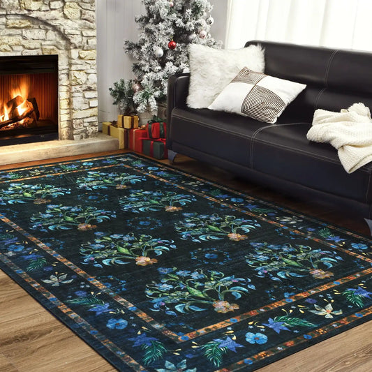 New Vintage Print Floral Rugs Soft Accent Area Rug Large Size Rugs Low-Pile Carpet for Living Room Bedroom Home Decor