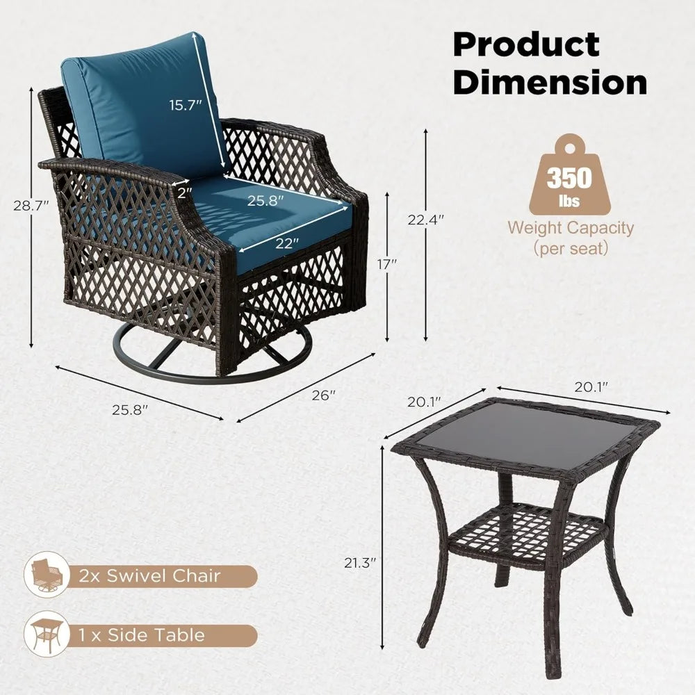 3 Piece Outdoor Swivel Chair Set, Wicker Patio Bistro Set with Thickened 25D Cushions and Glass Coffee Table, Patio Furniture C