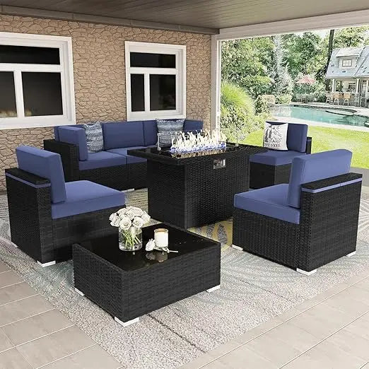8 Pieces Patio Furniture Set with 44" Propane Gas Fire Pit Table, Outdoor Sectional Wicker Conversation Sofa Sets with Coffee Ta
