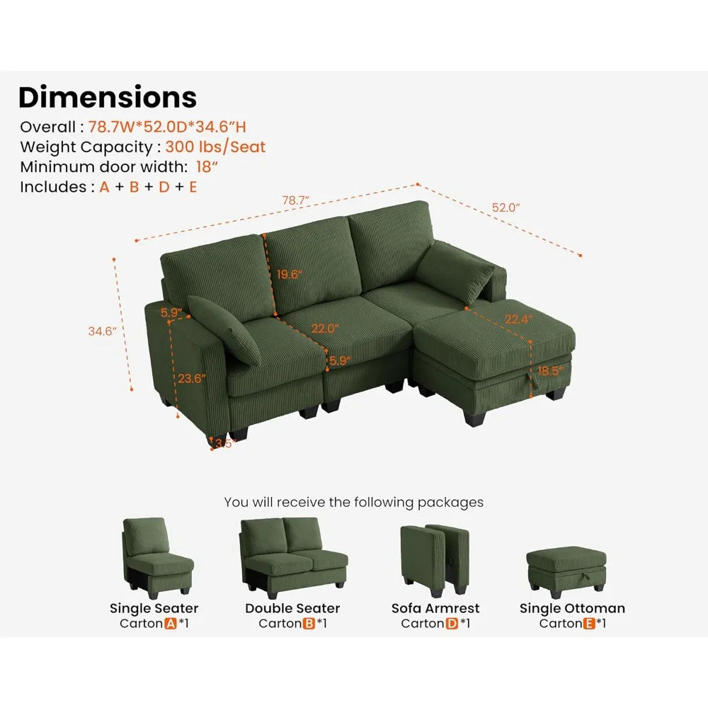 Corduroy Modular Sectional Couch with Ottoman Chaise, L/U Shaped Sleeper Sofa for Living Room, Apartment, Lounge