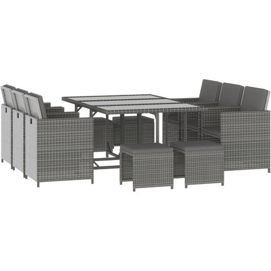 11 Pieces Outdoor Dining Set for 10, Space Saving Wicker Chairs and Glass Table with Cushions and Ottomans, Rattan Conversation