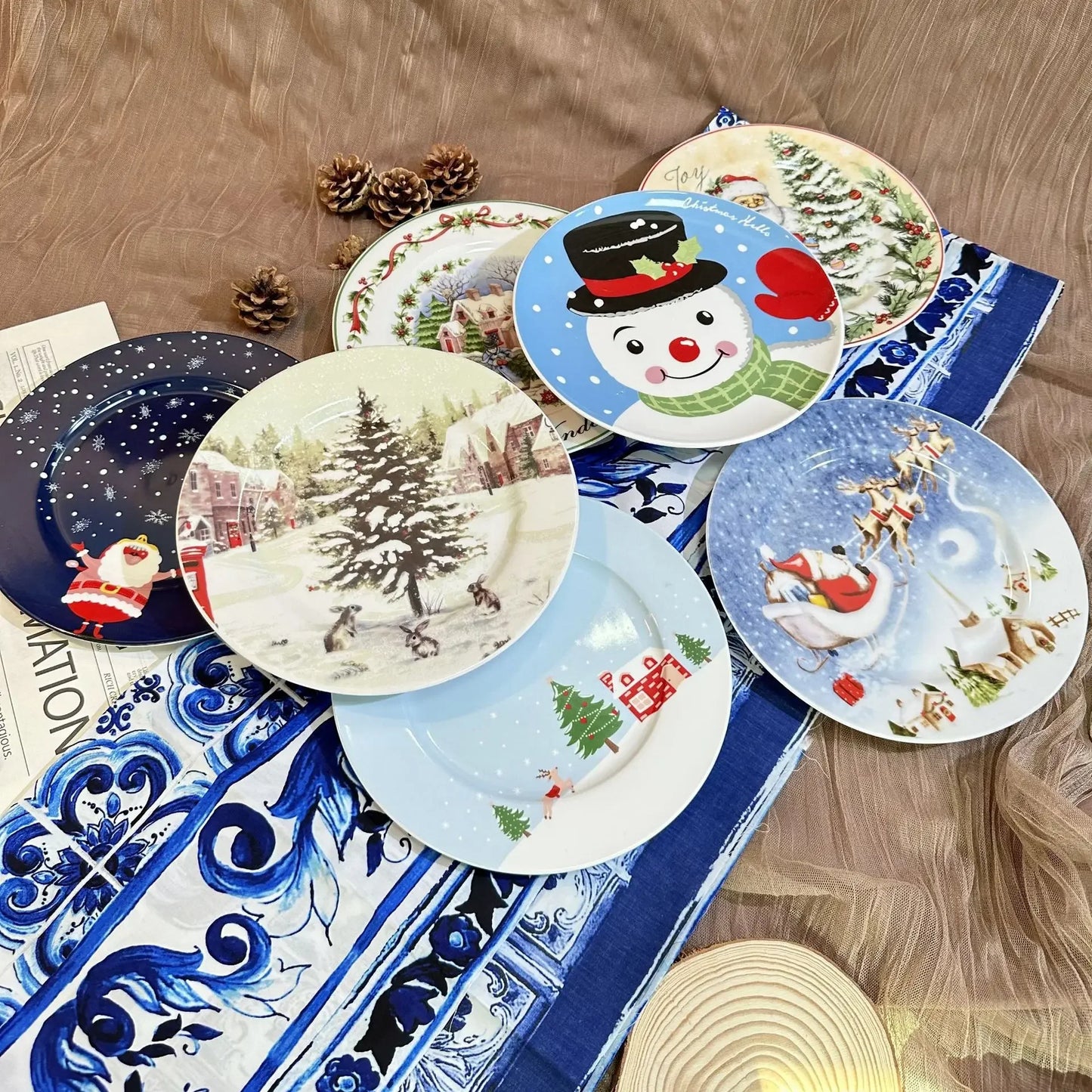 D20cm Christmas Ceramic Plates Christmas Element Table Decoration Dish Retro Village Atmosphere Dining Plate For Festival Decor