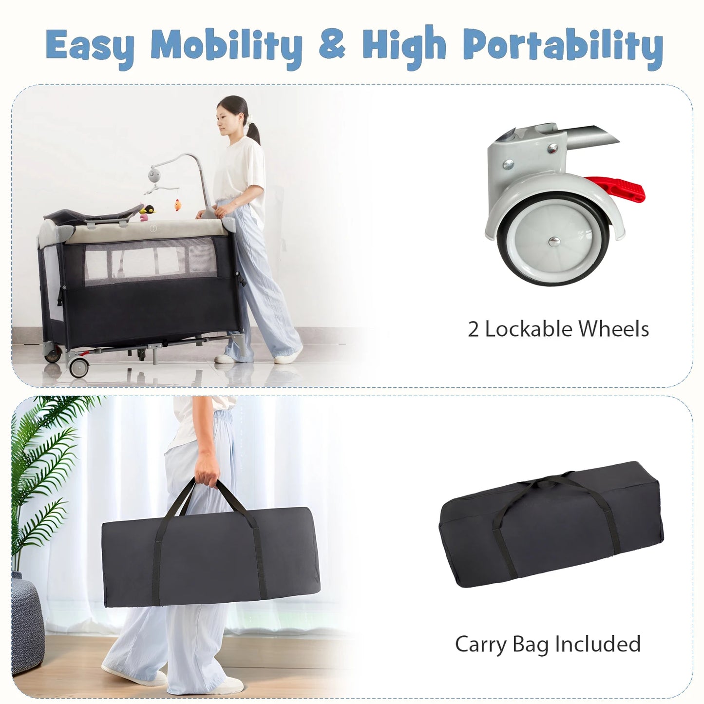 4 in 1 Portable Baby Playard with Changing Table Lockable Wheels Music Box Foldable Baby Crib Suit Infant to Toddler