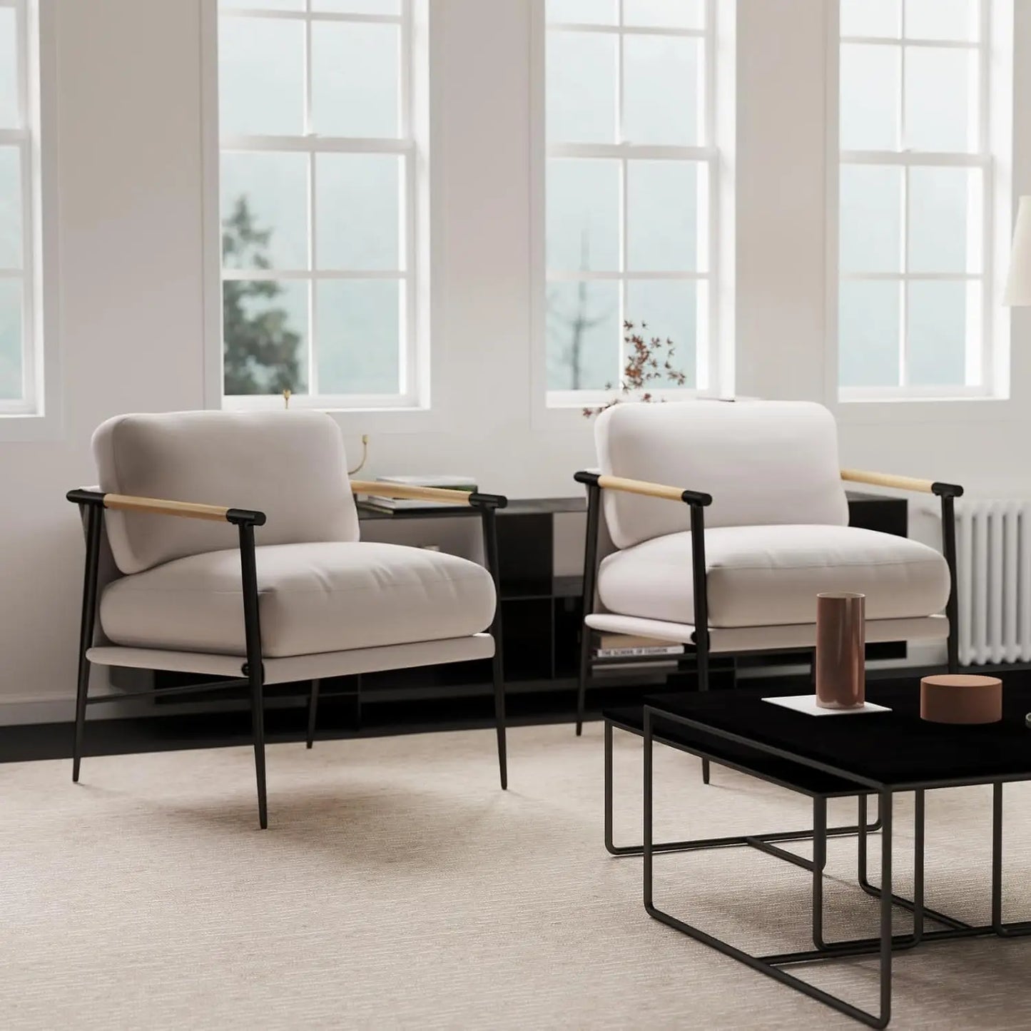 Mid-Century Accent Chair Set of 2, Soft Armchair Chenille Fabric Lounge Chair with Black Metal Legs, Upholstered Leisure Chair