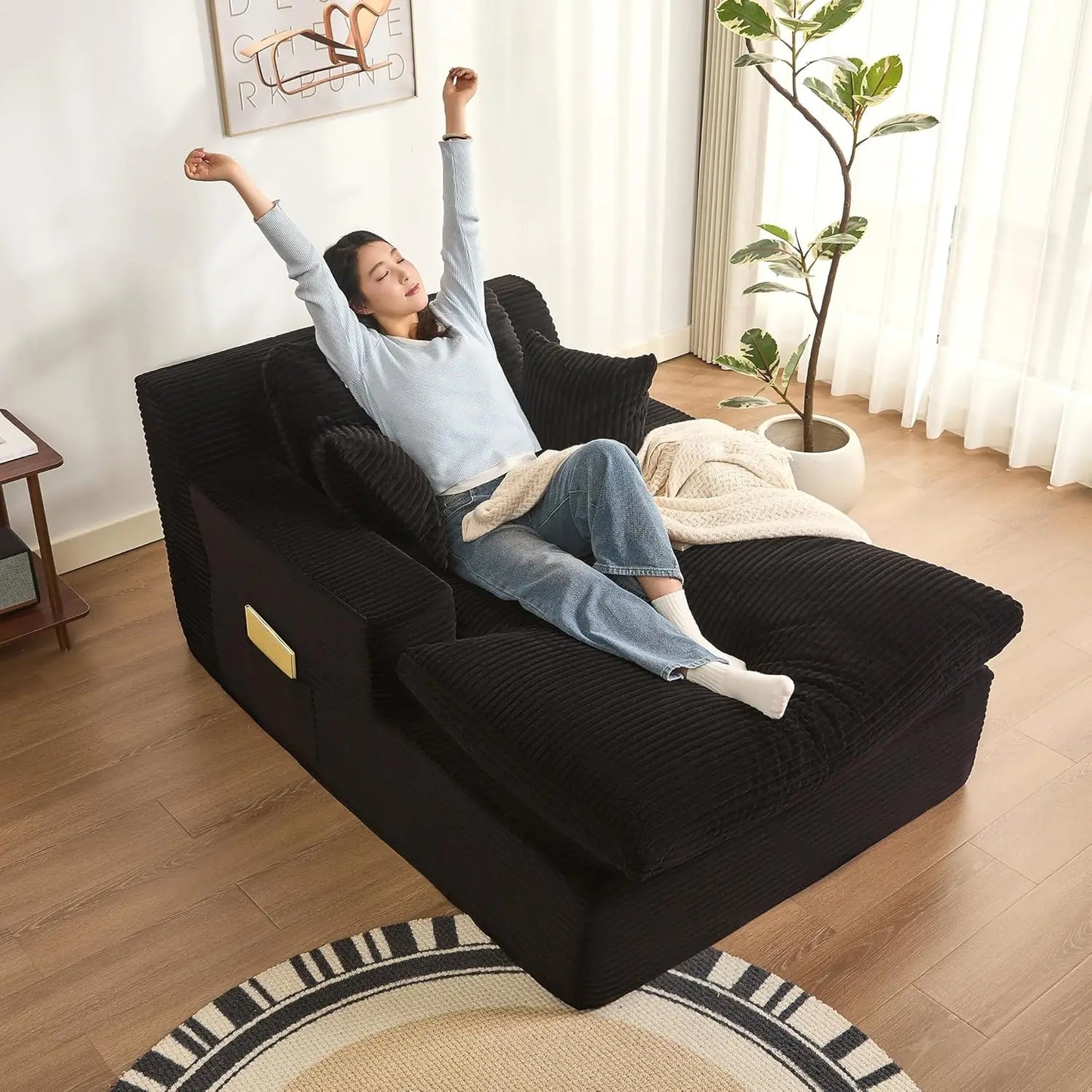 Chaise Lounge Chair Indoor, Extra Cloud Layer, Convertible Sleeper Sofa Couch with Removable Pillows & Side Pockets