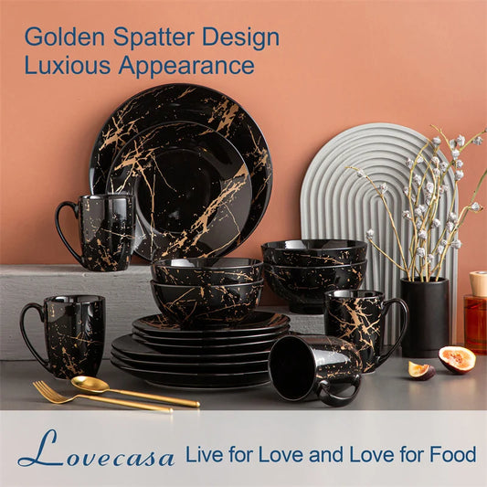 16Pcs Black Procelain Tableware Set Design By Gold Splash with Dinner Plate/Cake plate/Bowls/Coffee Cups Kitchen Dinner Ware Set