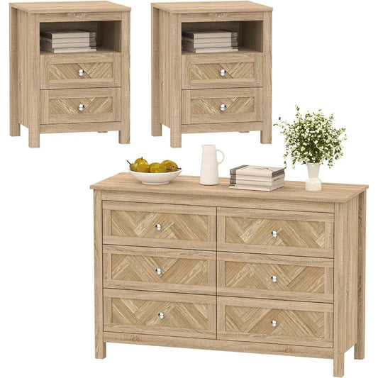 3 Pieces Bedroom Set with 6 Drawer Dresser and 2 Drawer Nightstands, Wooden Dresser and Nightstands for Living Room, Bedroom, Na