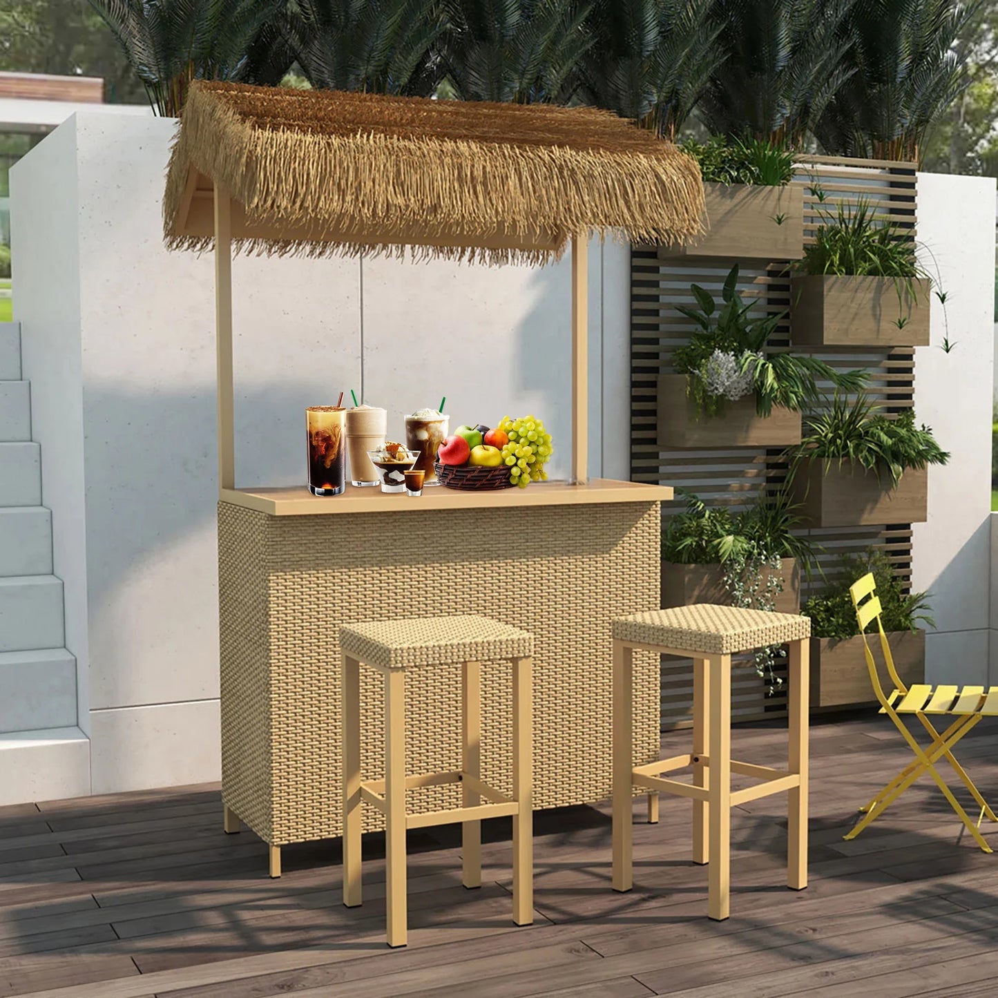 Outdoor Tiki Bar Set with Widen Ceramic Top (42" W), Phuket 3-Piece Wicker Islander Tiki Bar and 2 Stools Storage for Garden