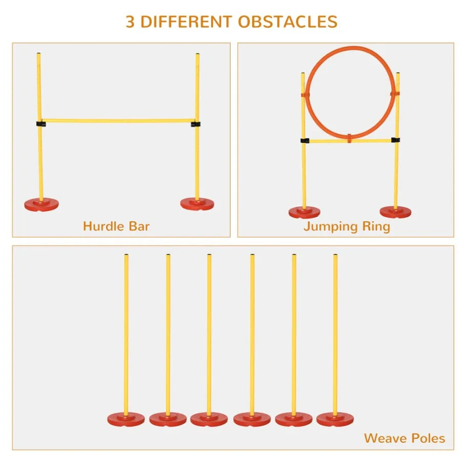 PawHut 3PCs Dog Agility Training Equipment Outdoor Obstacle Course Starter Kit with Hoop Hurdle Weave Poles and Carrying Bag