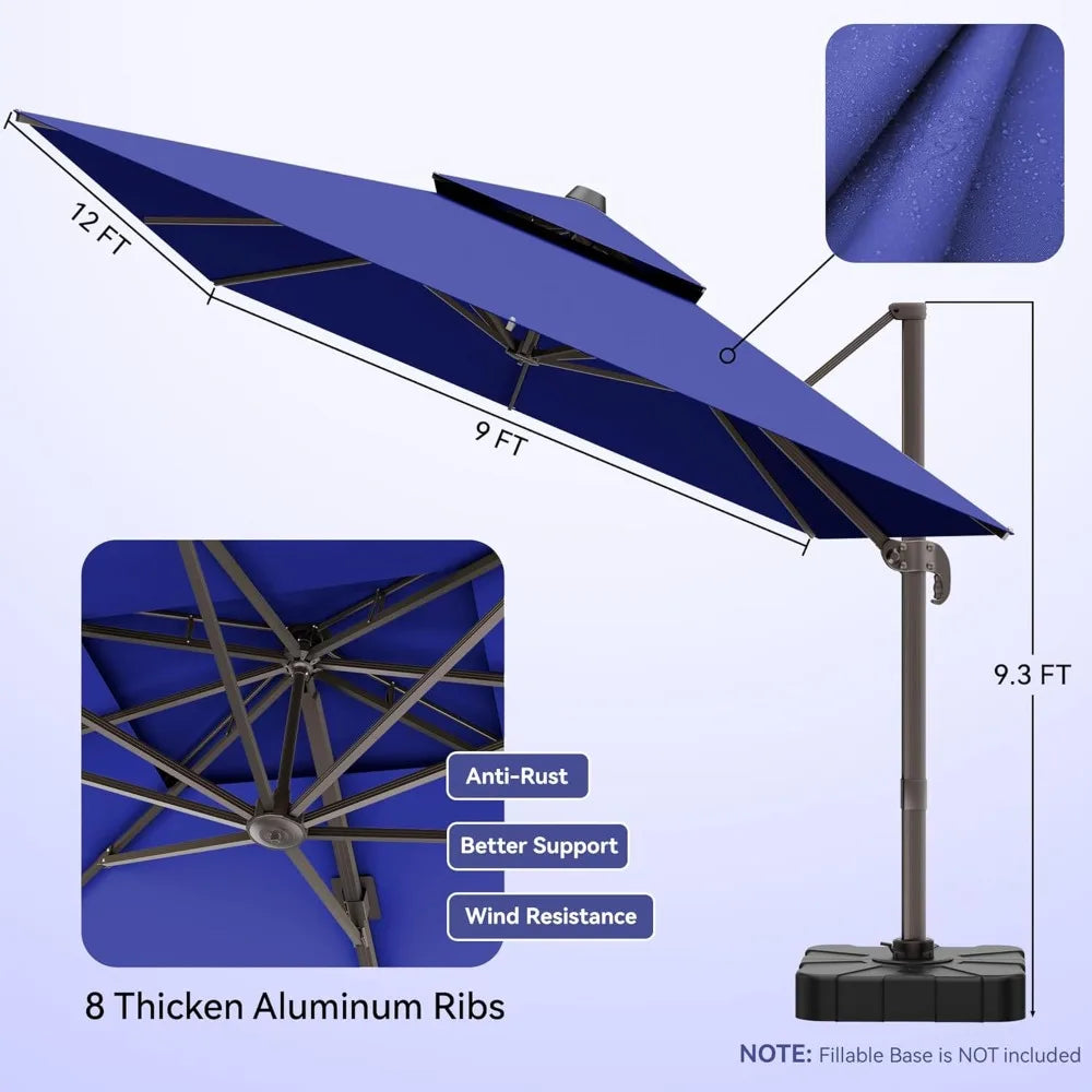 9x12 FT Patio Umbrella, Large Cantilever Rectangular Double Top Heavy Duty Offset Umbrellas with 360° Rotation, Outdoor shade fo