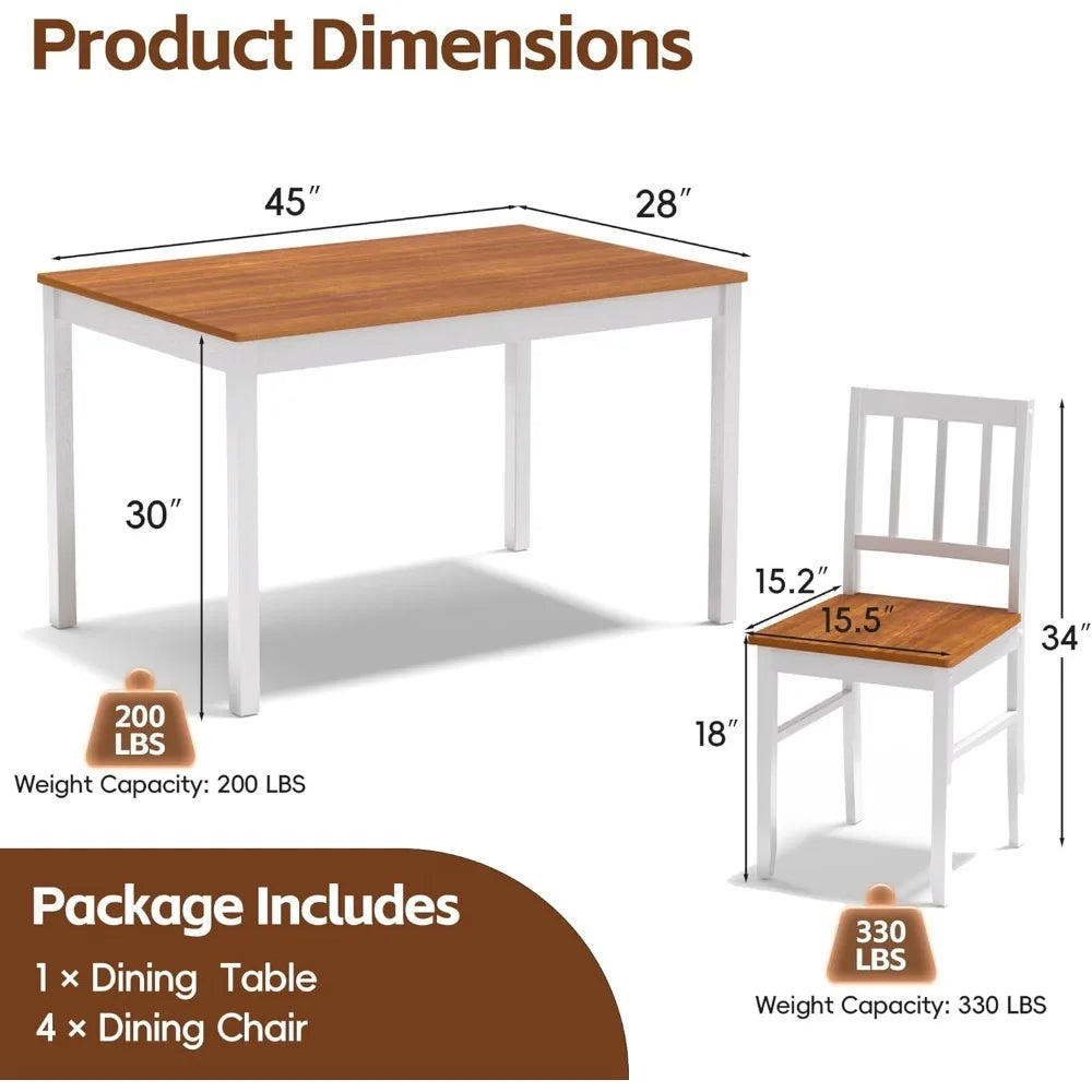 5-Piece Farmhouse Dining Table Set for 4 - Space-Saving Kitchen Dinette Set with 4 Chairs & Rubber Wood Legs