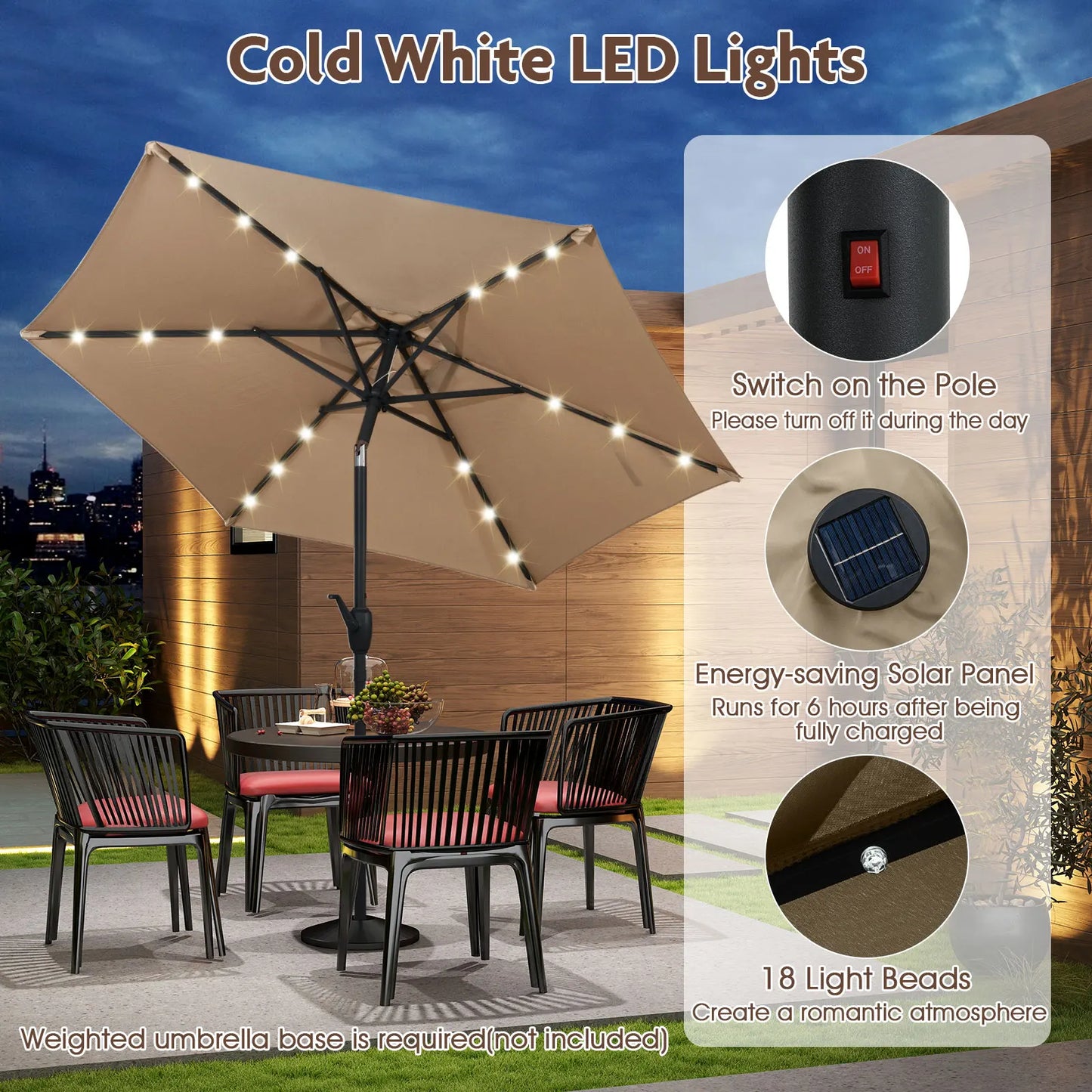 7. 5 ft Solar Powered Patio Umbrella w/ LED Lights Push Button Tilt Crank Handle