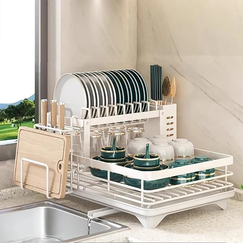Double-layer dish drying rack suitable for kitchen countertops, capable of holding bowls platesknives cups and cutting boards