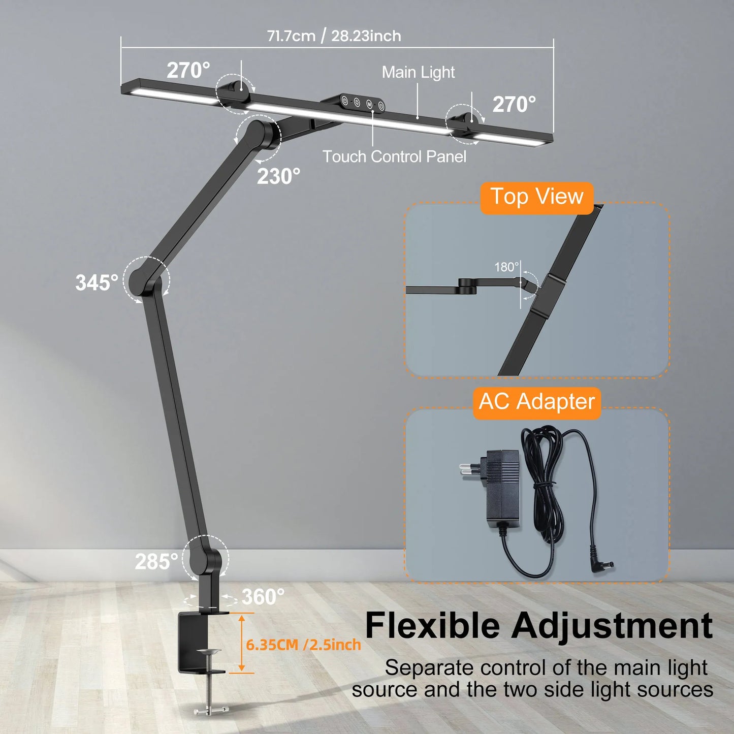 Three-head Desk Lamp With Memory Function, Five Color Temperatures, Five Brightness Levels, 45-degree Angle Design For Desk Use