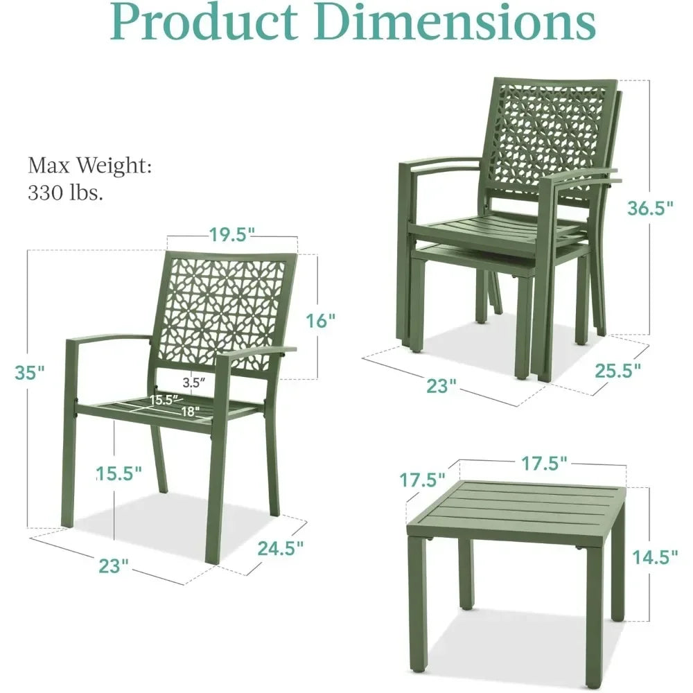 3-Piece Outdoor Bistro Set, Stackable Modern Steel Furniture for Porch, Garden w/ 2 Chairs, Table, Geometric Decor