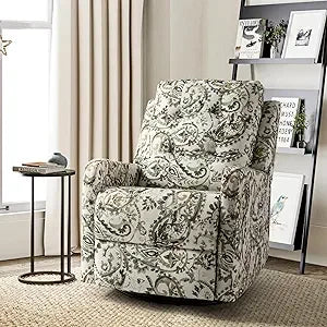 Recliner Chair Modern Printed Fabric for Living Room, Wingback Rocker Recliner Sofa Comfy Armchair 360 Degree Swivel, Nursery R