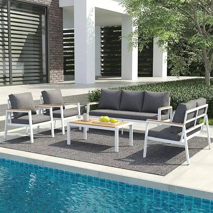 Aluminum Outdoor Furniture Set, 5 Pieces Patio Furniture Conversation Set with Teak Top Coffee Table, 7 Seats Patio Sectio