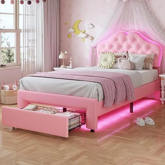 Full Size Girl Bed with 2 Storage Drawers & LED Lights, Upholstered Platform Bed, Adjustable Headboard with Velvet Crystal Butto