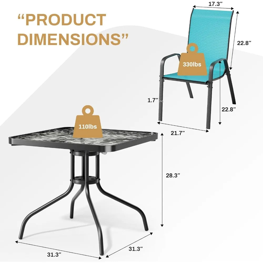 5 Piece Outdoor Patio Dining Set (Umbrella not Included), Porch Furniture with 4 Textline Chairs, 1 Square Glass Table for Gard