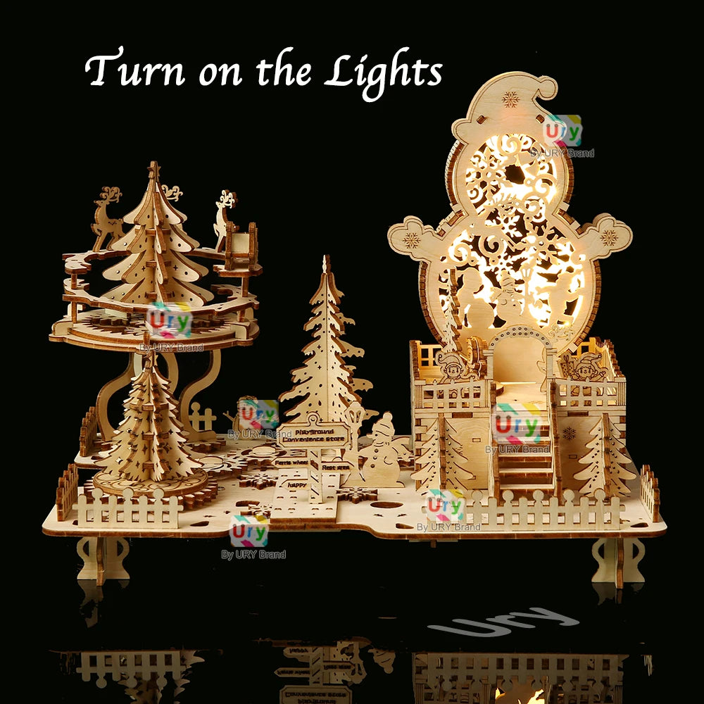 Ury 3D Wooden Puzzle Christmas Deer Carriage Music Box Light