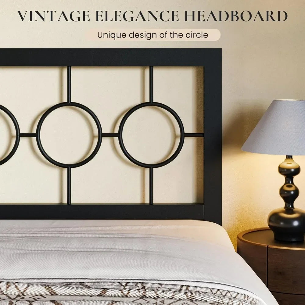 Full Size Bed Frame with Vintage Circular Design Headboard and Footboard, No Box Spring Required, Easy Assembly, Noise-Free