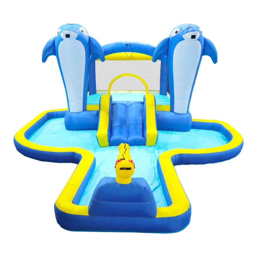 6 in1 Inflatable slide water park trampoline bouncing house outdoor garden with Dolphin sprinkler Target games Water gun Basket