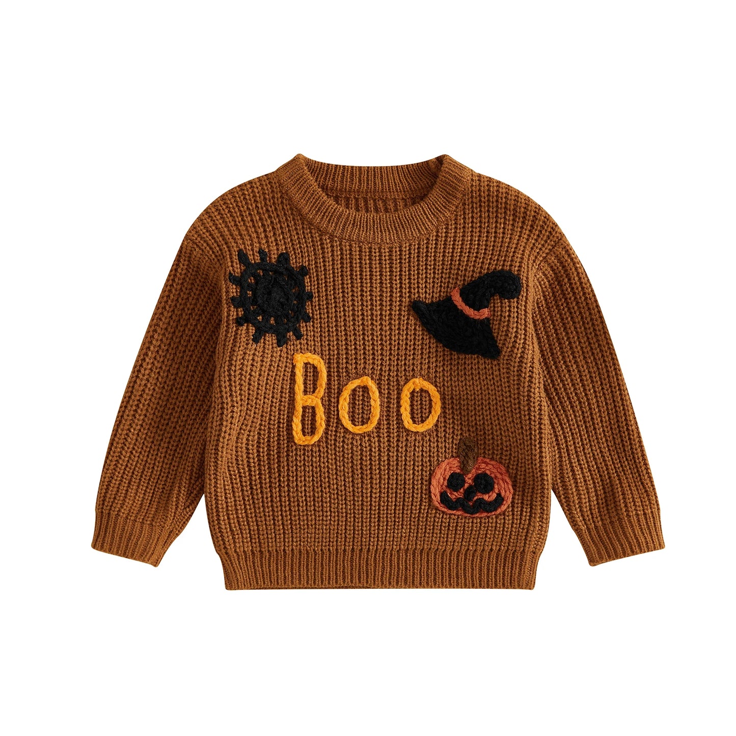 Women s Halloween Knit Sweater with Long Sleeves Round Neck Letter Pumpkin Spiderweb and Witch Hat Embroidery - Festive