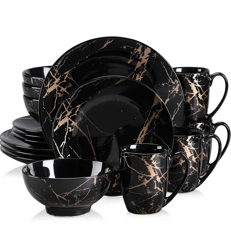 16Pcs Black Procelain Tableware Set Design By Gold Splash with Dinner Plate/Cake plate/Bowls/Coffee Cups Kitchen Dinner Ware Set
