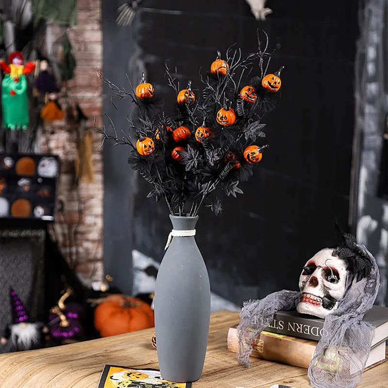 1/3/5pcs Halloween Decorations, 18.5Inch Artificial Pumpkin Maple Leaf Floral Stems Decoration black scary pumpkin bouquet