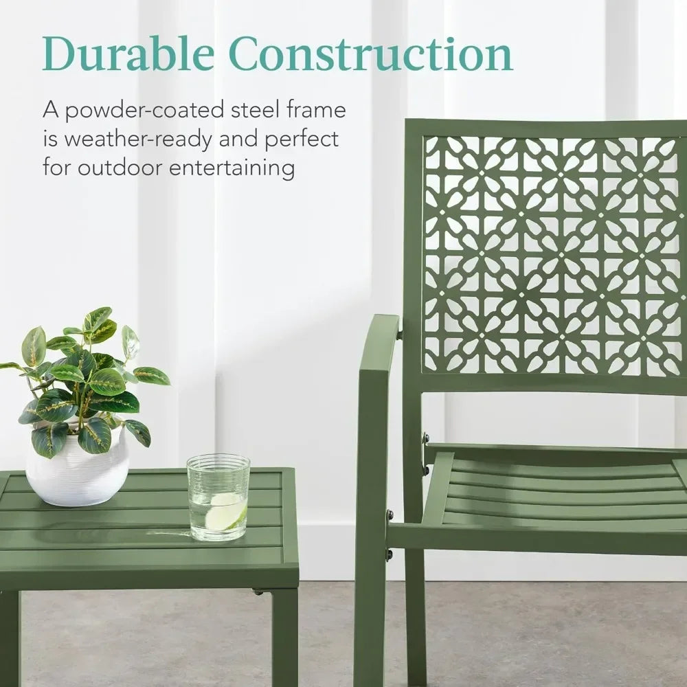 3-Piece Outdoor Bistro Set, Stackable Modern Steel Furniture for Porch, Garden w/ 2 Chairs, Table, Geometric Decor