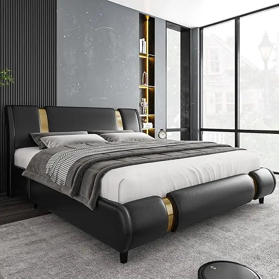 TTVIEW Modern Faux Leather Upholstered Platform Bed Frame with Golden Iron Metal Decor, Adjustable Curved Headboard, Wooden Slat