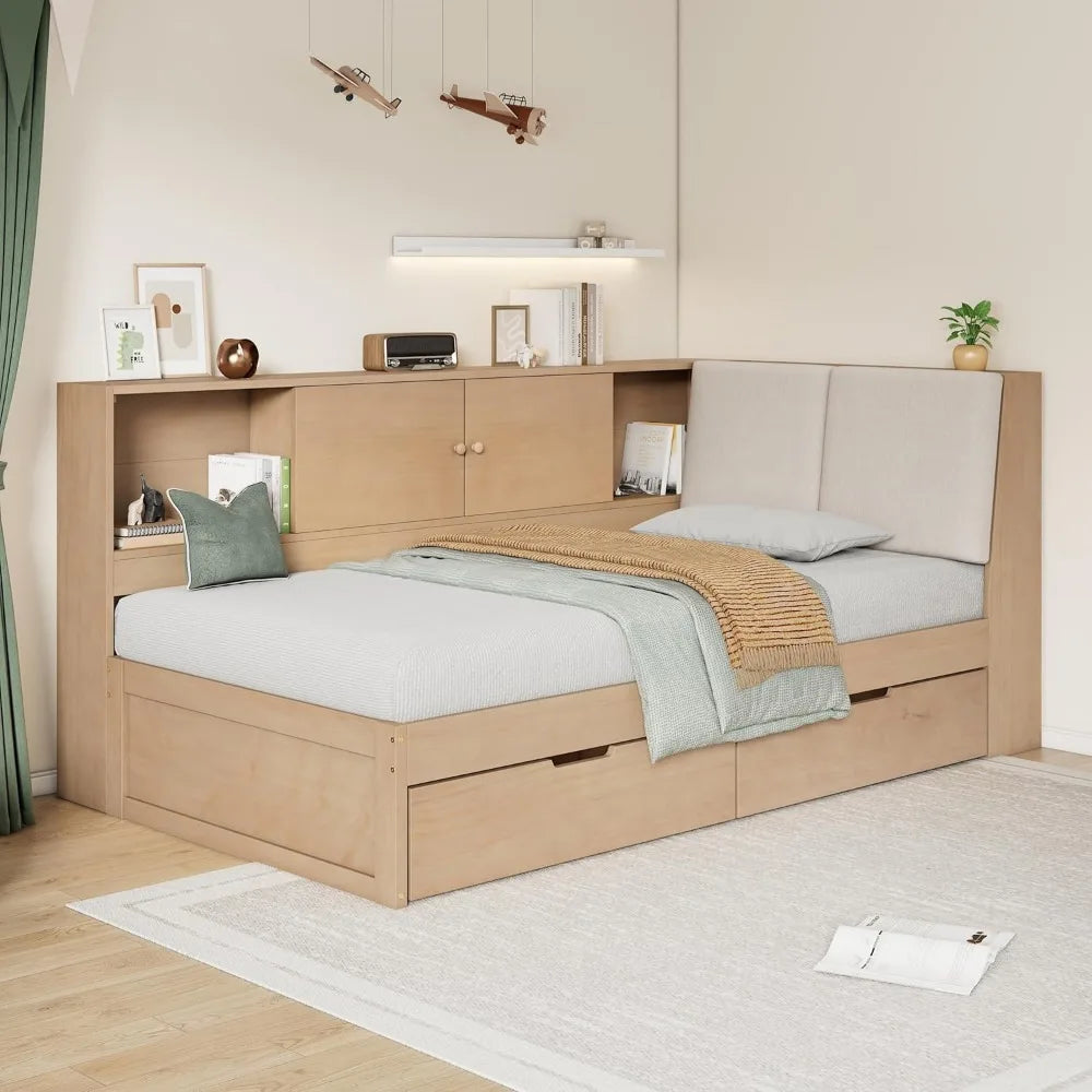Full Daybed with Storage Bookcase,Upholstered Headboard and Charging Station,Solid Wood Full Captain Bed with Storage Drawers C