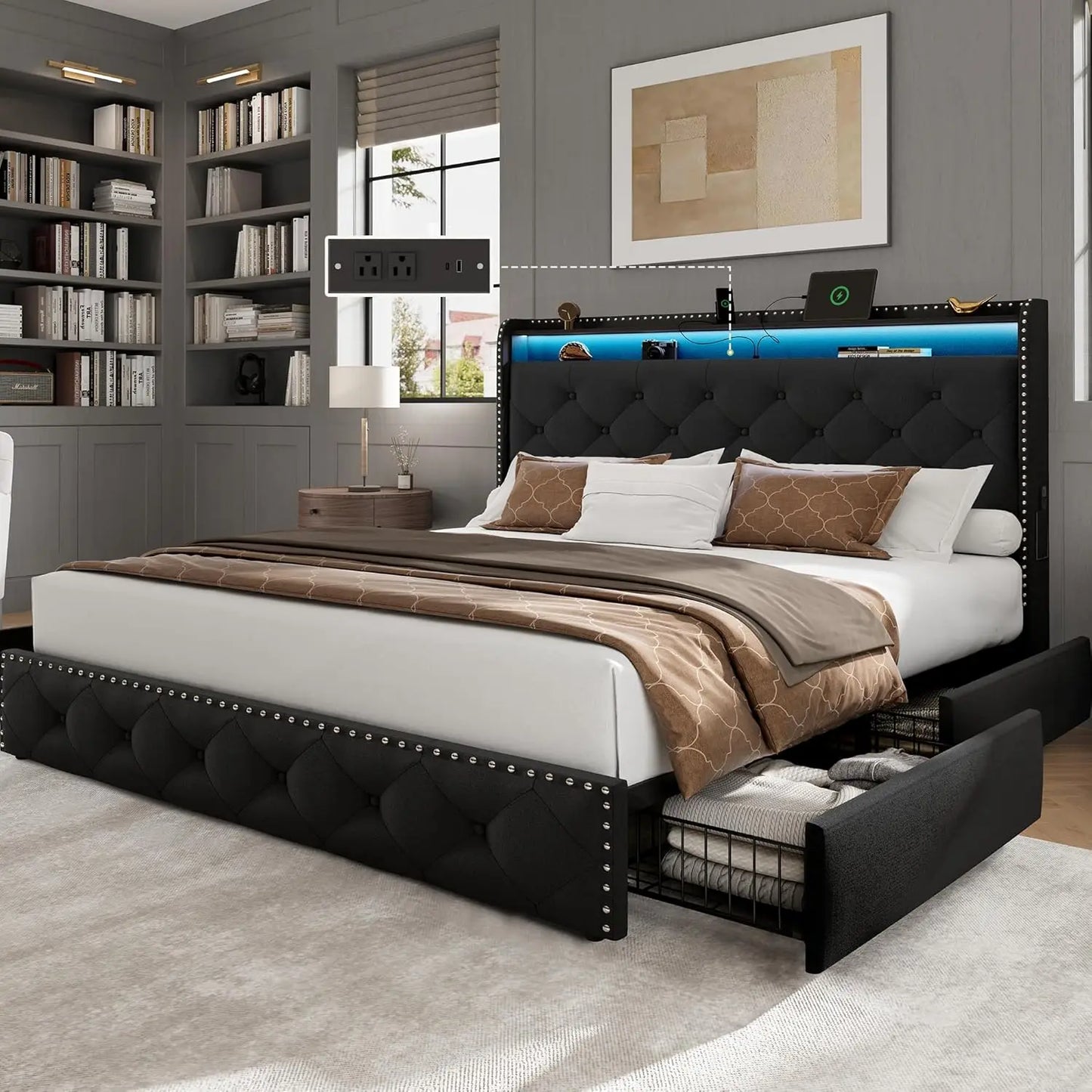HUANZHUANG Bed Frame With 4 Storage Drawers And USB