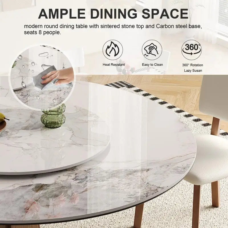 59" Modern Sintered Stone Dining Table Set with 35" Round Turntable, Seats 6-8, Unique Walnut Base, Includes 6 Stylish Chairs
