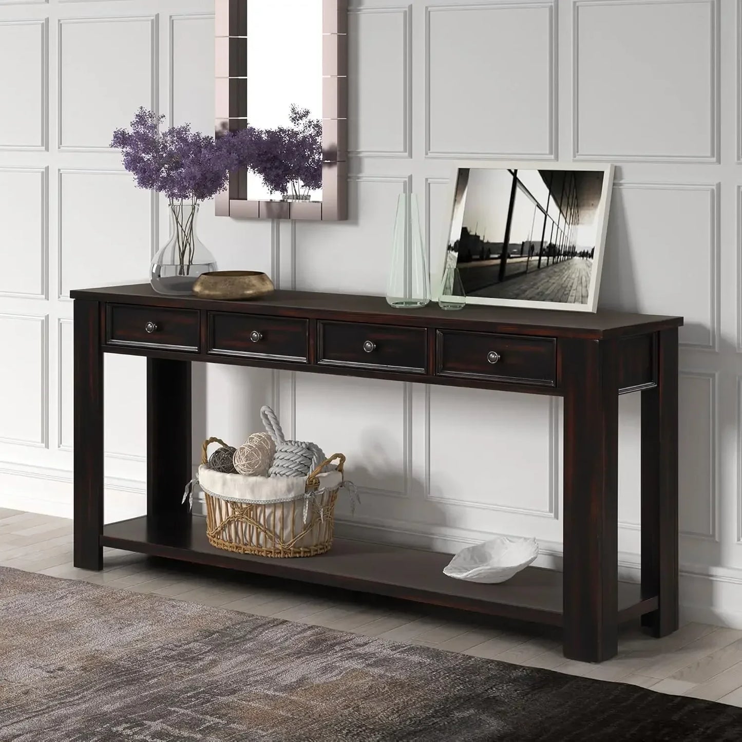 Modern Wood Console Table Sofa Table with 4 Drawers And 1 Bottom Shelf for Entryway Corridor Dining Room Decorative Furniture