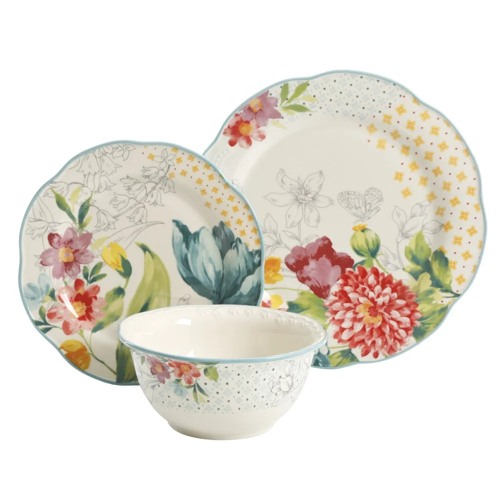 Blooming Bouquet 12-Piece Dinnerware Set Stoneware Plates Bowls Dishwasher Safe Floral Pattern Everyday Dining Table Setting