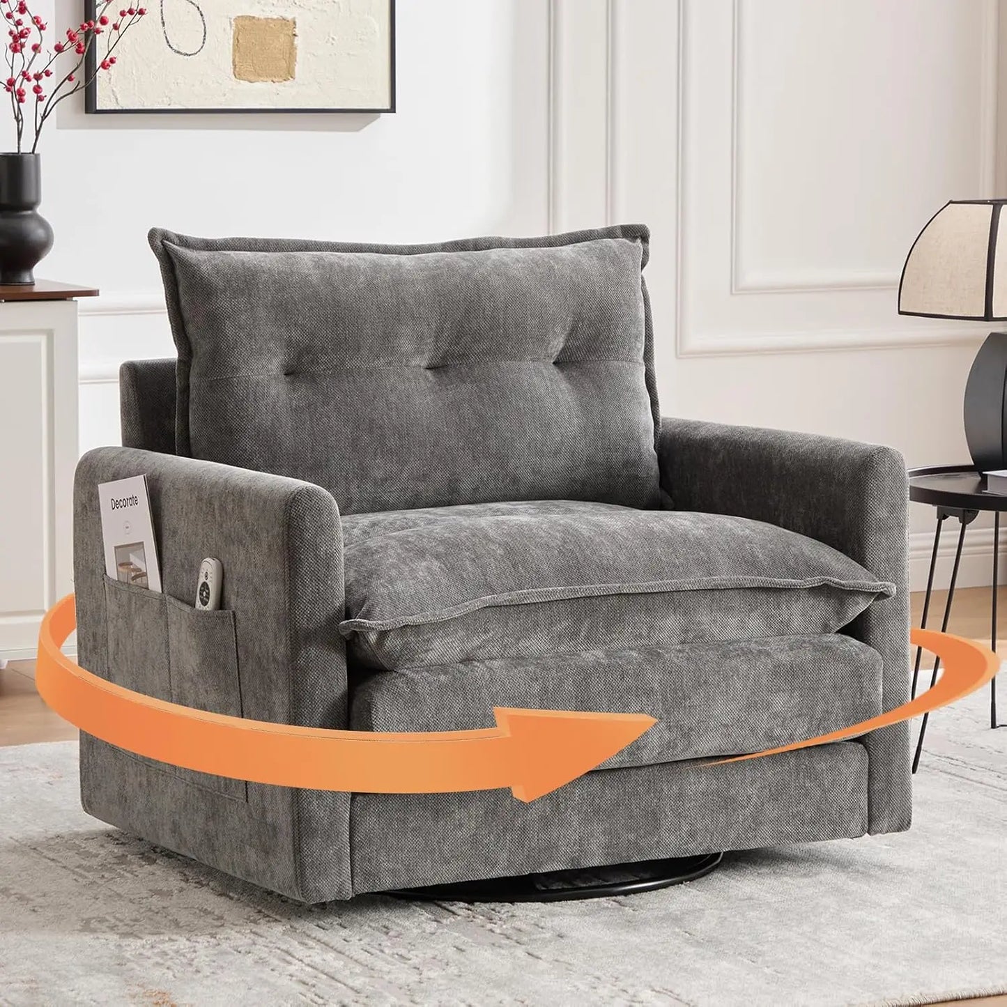 Oversized Swivel Chair, 36" Swivel Armchair Accent Chair for Living Room, Mid Century Modern Thick Padded Arm Chairs