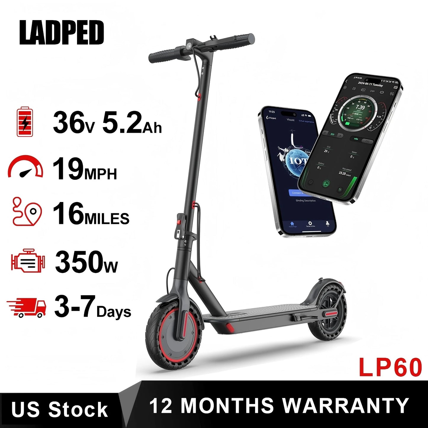 Ladped LP60 Folding Electric Scooter 350W 19mph App Control
