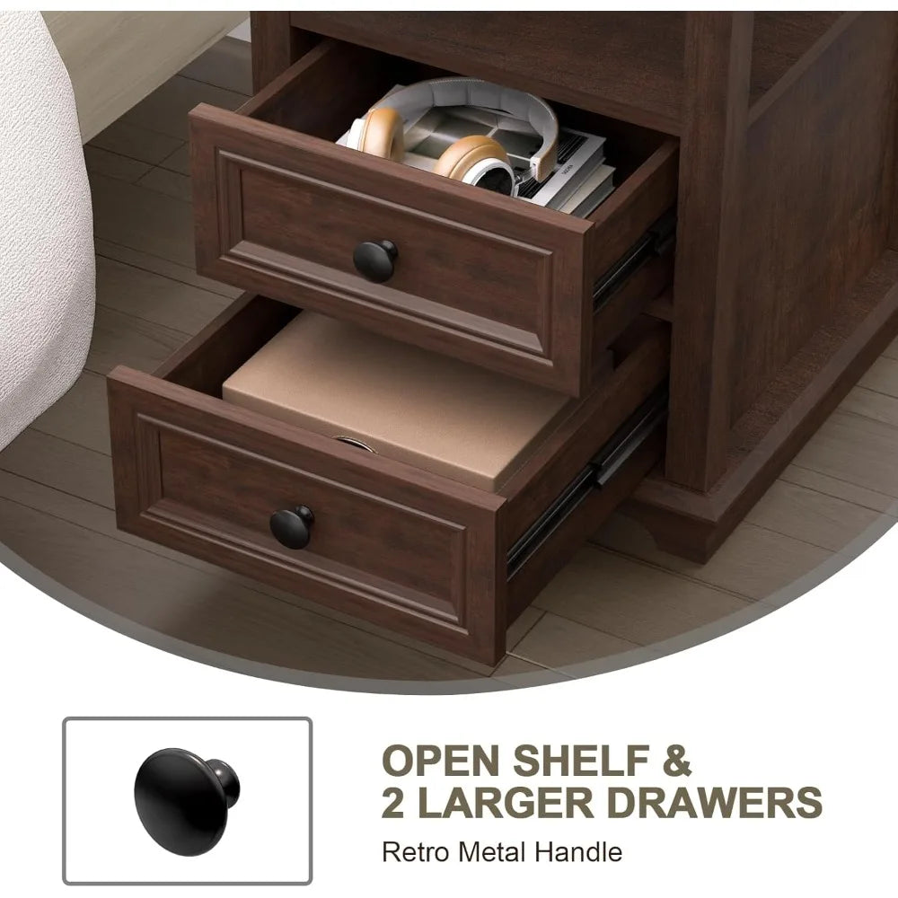 24" Nightstand with Charging Station, End Table with 18W Fast Charge, Side Table with Drawers,Rustic Wood Storage Cabinet with O